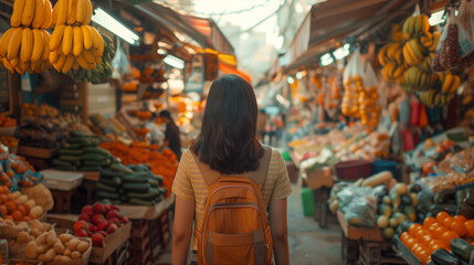 Girl in a street fruit market - obrazy, fototapety, plakaty