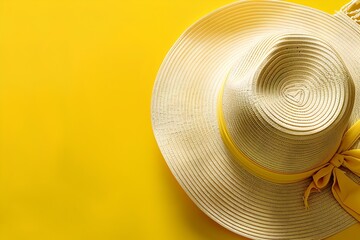 Top view of a stylish straw hat on yellow - A minimalist top view of an elegant straw hat with delicate ribbon detail, positioned on a bright yellow background