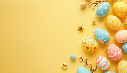 Fototapeta na wymiar Easter wallpaper, easter eggs and stars on a yellow background