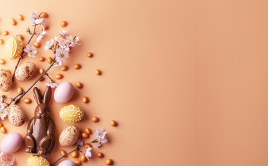Obraz na płótnie Canvas Chocolate bunny and easter eggs on a rose background, copy space