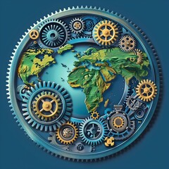 World map on a mechanized gear structure in detail - An intricate 3D render of the Earth with continents, framed by a complex arrangement of mechanical gears and cogs