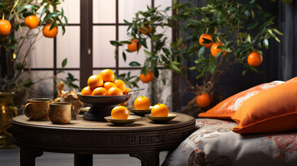 Obraz na płótnie Canvas Coffee table with tangerines and cushions on floor
