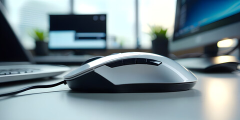 Click white computer mouse on a work desk. Working with a PC or laptop. Close-up Footage of the workplace in 4K