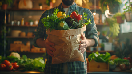 Man holding a grocery shopping bag with fresh vegetable