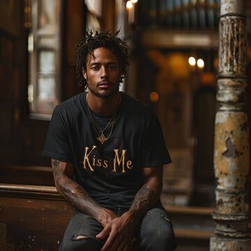 Man in 'Kiss Me' T-shirt sitting casually in a vintage church setting. Urban fashion portrait with a cultural contrast theme