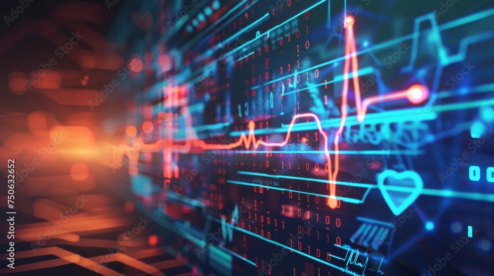 Aufkleber zoomed in heartbeat line seamlessly merging with digital code representing smart heart health soluti