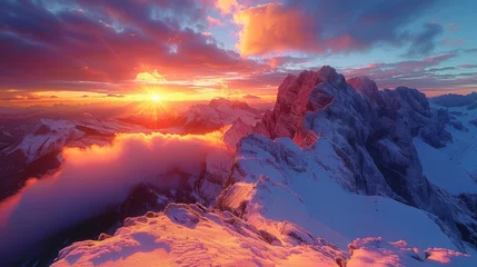 Deurstickers Epic Mountain Sunset: A breathtaking landscape shot capturing the vibrant hues of a sunset over towering mountain peaks, evoking a sense of adventure. © Nico