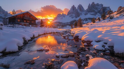 Epic Mountain Sunset: A breathtaking landscape shot capturing the vibrant hues of a sunset over towering mountain peaks, evoking a sense of adventure.