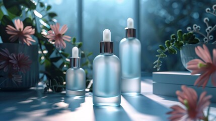 ultra modern sleek cosmetic product family phtography, frosted glass serum bottles