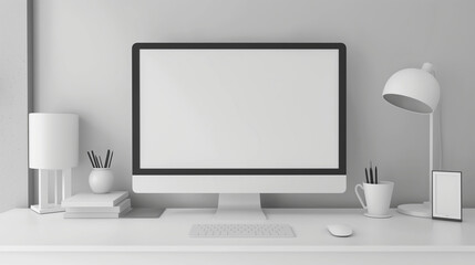 The white desk holds a white computer, lamp, pencil holder, mouse, and keyboard. The screen of the computer is left white and blank as an advertising image