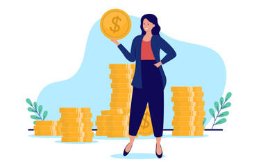 Woman with money - Professional businesswoman standing in front of stack of coins. High salary and income concept in flat design vector illustration with white background