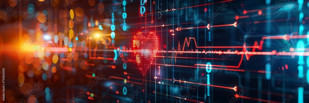 Aufkleber zoomed in heartbeat line seamlessly merging with digital code representing smart heart health soluti
