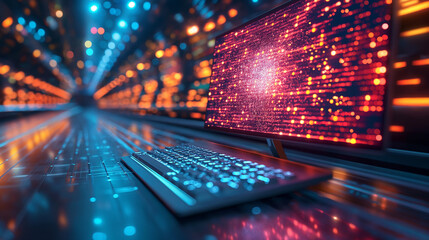 A computer screen floating with red and blue light and in a technology cyberspace, to create a technological and digital atmosphere. can be used for wallpaper, news images, design materials and PPT - obrazy, fototapety, plakaty