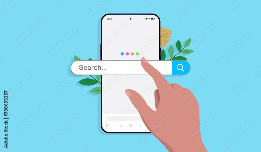 Aufkleber Using search engine on mobile phone - Smartphone screen with search bar and hand interacting in flat lay design front view vector illustration with blue background