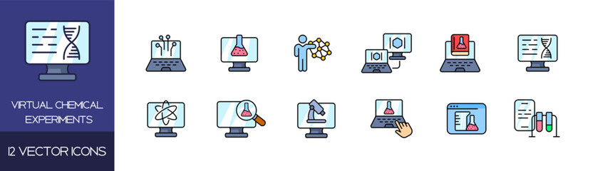Chemical electronic experiments icon set. Flat style. Vector icons