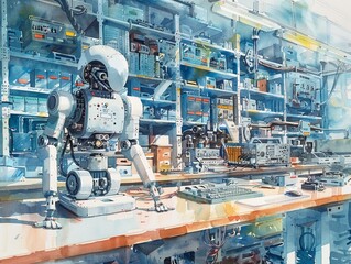 Watercolor portrayal of an advanced robotics lab with detailed mechanisms