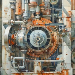 Serene watercolor capturing the calibration of intricate mechanical systems