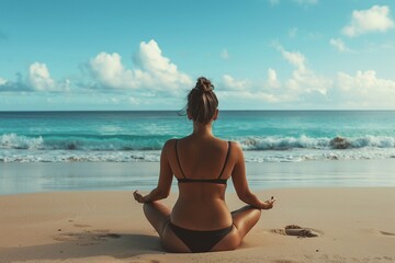 Fototapeta na wymiar Back view full body portrait of a woman practicing yoga on the beach