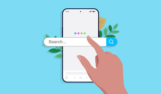 Using search engine on mobile phone - Smartphone screen with search bar and hand interacting in flat lay design front view vector illustration with blue background