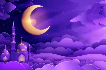 Crédence de cuisine en verre imprimé Bleu foncé a Ramadan Kareem Sale Header or Voucher Design incorporating a Gold Crescent Moon, Paper-cut Clouds in 3D, and the silhouette of a Mosque against a Night Sky backdrop tinted with Violet.