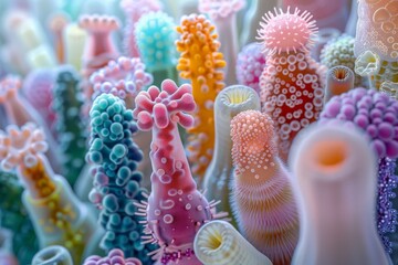 A Fusion of Science and Art in Microbial Exploration of bacteria and viruses structure, microscopic world of microbes showcasing their structures with artistic flair.