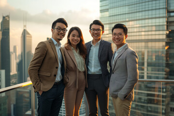 Fototapeta premium young Asian entrepreneurs showcase a blend of professional and casual style at high-rise in a bustling city