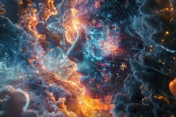 A female face adorned with cybernetic designs, symbolizing the nexus of advanced technology and artificial intelligence and the vast potential of big data and machine learning.