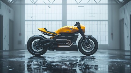 a yellow electric motorbike in a white void room, nothingness - obrazy, fototapety, plakaty