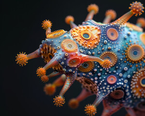 Close-up artistic images and illustrations of bacteria and viruses structure, microscopic world of microbes showcasing their structures with artistic flair.