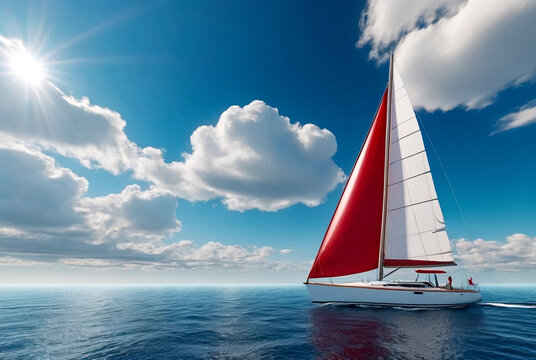 Sailboat with open scarlet sail in sea at blue sky with clouds horizon background. Luxury summer adventure on sailing yacht. Transportation, cruise, sailing, yachting concept. Copy text space