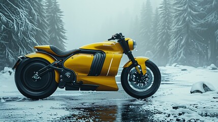 a yellow electric motorbike in a white void room, nothingness