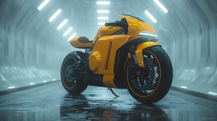 a yellow electric motorbike in a white void room, nothingness