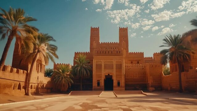 Ancient traditional architecture. Golden fortress in desert. Sandy landscape. Beautiful towers and gateways. Historical cultural building background. Palm tree. Old Arabian castle. Arabic tourism spot
