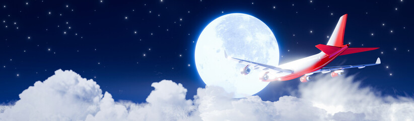 passenger plane Fly past the full moon Above the cumulus clouds. Air travel. On a clear night, the sky There are stars all over the sky and a big moon. 3D Rendering