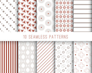 Geometric seamless pattern set. Red and grey circles, rings, dots and stripes repeat on white background. Collection of 10 patterns. Vector illustration.