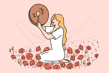 Woman shaman with drum sits in poppy field and plays ethnic musical instrument to bring about rain. Girl shaman observes mystical traditions of calling gods on days of spring equinox