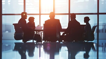 Confident business people meeting in modern office with large windows.