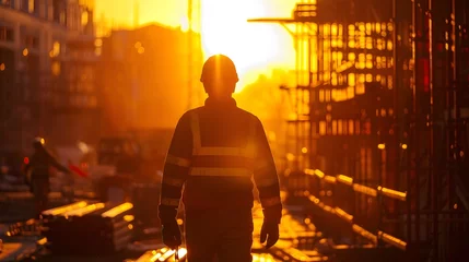 Rolgordijnen Construction Worker in Sunset Silhouette © Sittichok