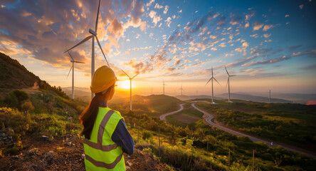 Naklejka premium Black female engineer watching wind turbines farm