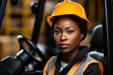 Confident female worker in hard hat and safety vest operating a forklift in industrial warehouse - Powered by Adobe