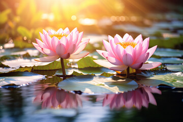 Beautiful Lotus flowers growing in pond - Powered by Adobe