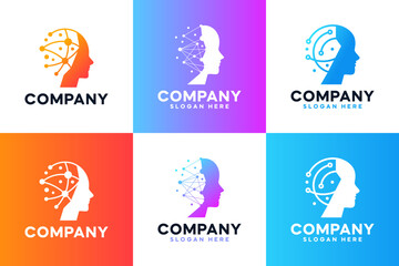 set of artificial intelligence , human face , head , technology , logo design template.