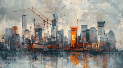 Industrial NYC Skyline Painting with Cranes