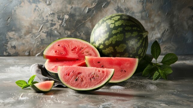 Fresh watermelon. Close up, delicious watermelon slices. Healthy fruit, sweet, refreshing. Isolated on dark background. Room for copy space.
