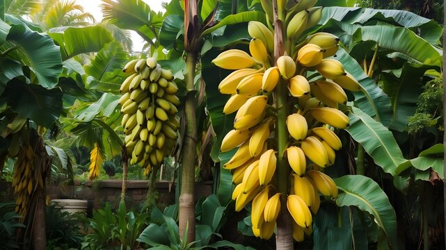 bunch of bananas on a tree, A vibrant, tropical banana tree with lush green leaves and ripe yellow fruit hanging from its branches.