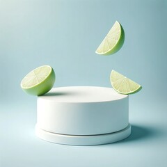 White pedestal with sliced limes and light blue background