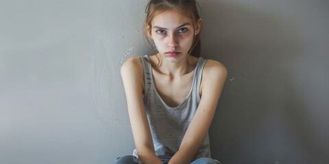 A young, sad woman with anorexia. Skinny pale Girl with eating disorder, copy space.