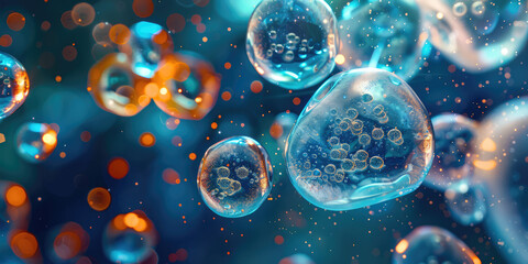 Abstract Microscopic Amoebas in Vivid Colors. Close-up 3D rendering of amoeba with translucent bubbles, macro view, scientific and educational use.