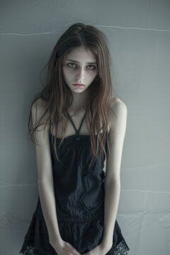 A young, sad woman with anorexia. Skinny pale Girl with eating disorder, copy space.