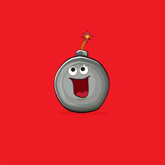 Cartoon burning bomb characters isolated on red background. Funky bomb character with eyes and mouth. Vector bomb clip art, emoji, label and sticker